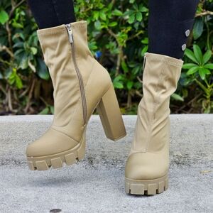 Taupe Satin Platform Ankle Boots for Women Chunky Heel Booties